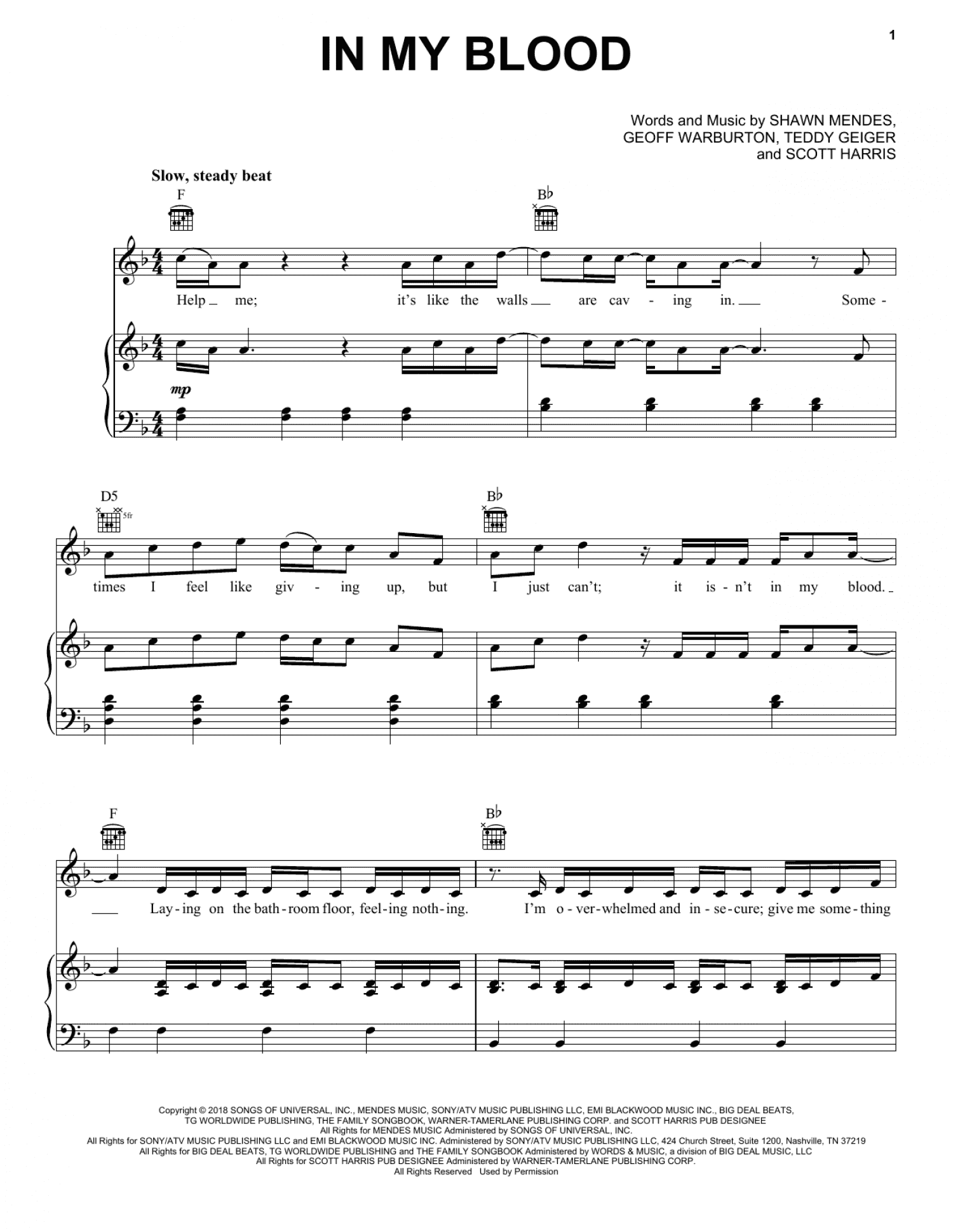 In My Blood (Piano, Vocal & Guitar Chords (Right-Hand Melody))