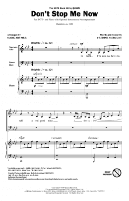 page one of Don't Stop Me Now (arr. Mark Brymer) (SATB Choir)