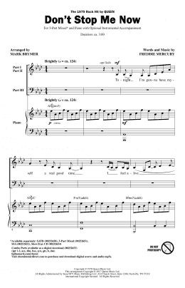 page one of Don't Stop Me Now (arr. Mark Brymer) (3-Part Mixed Choir)
