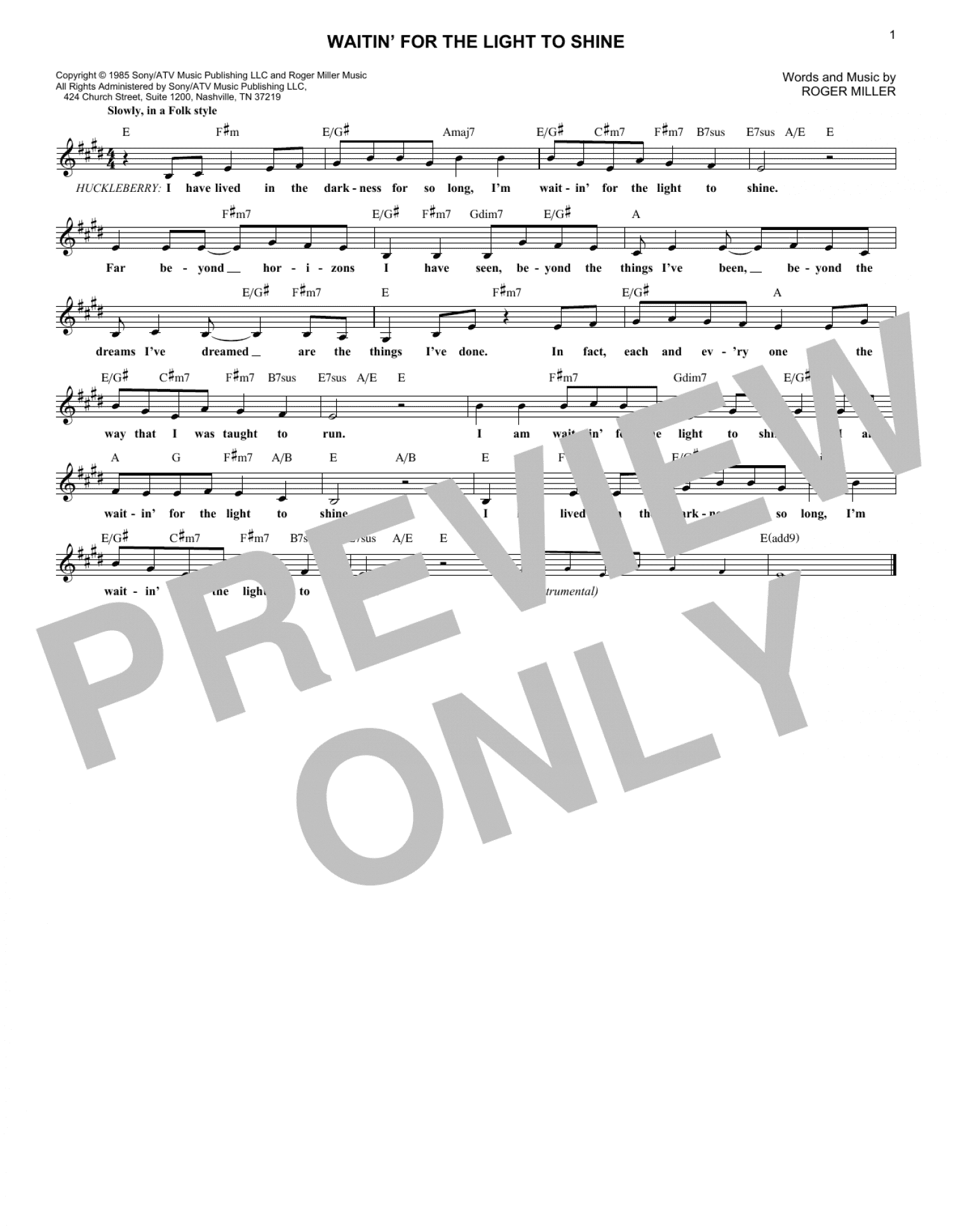 Waitin' For The Light To Shine (Lead Sheet / Fake Book)