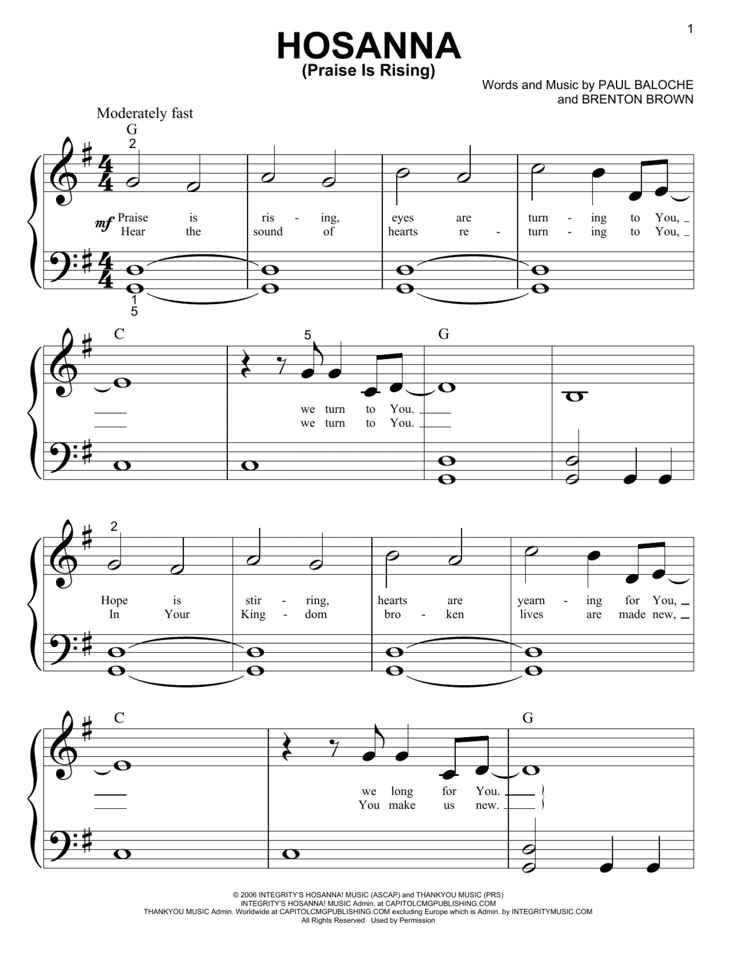 Hosanna (Praise Is Rising) (Big Note Piano)