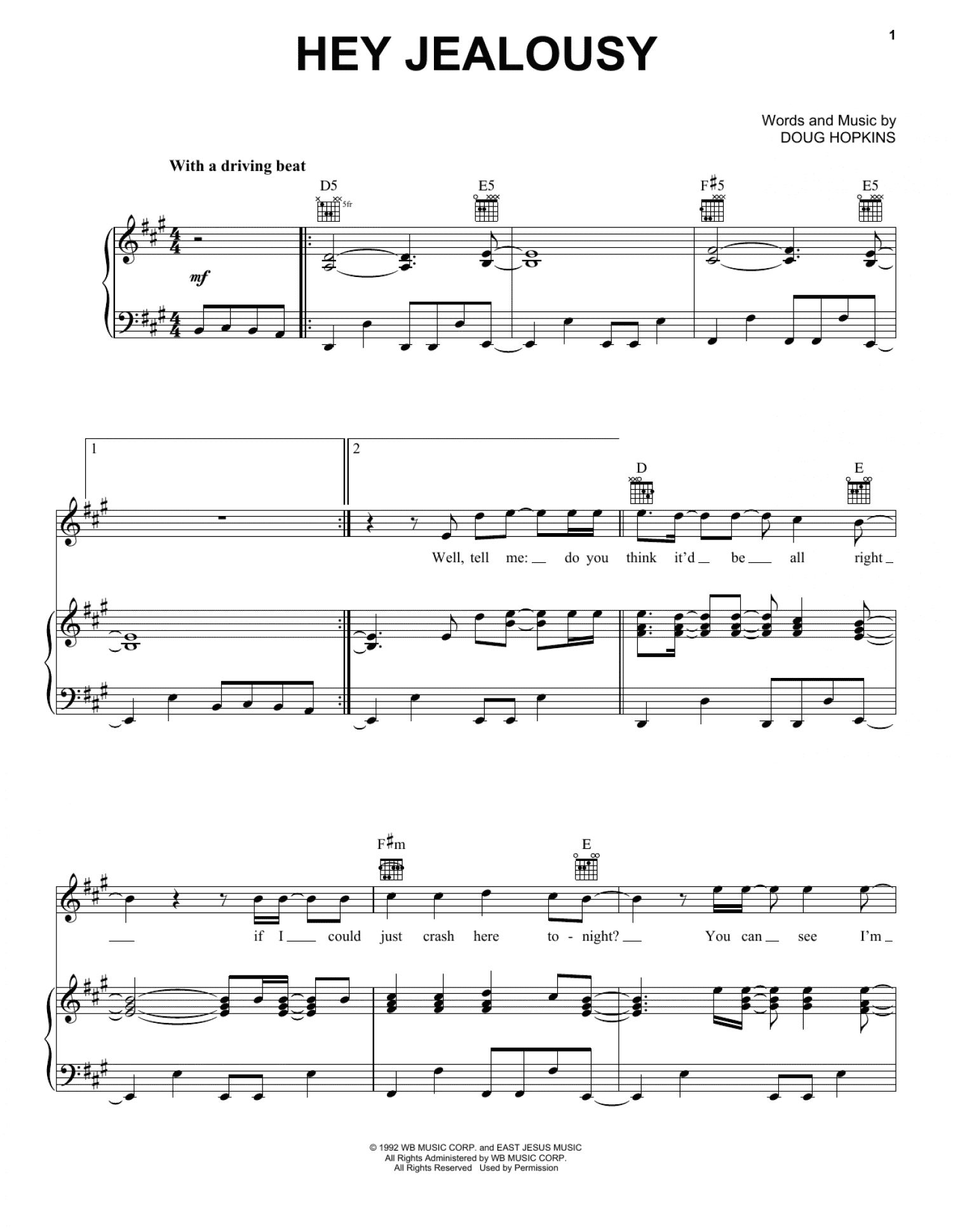 Hey Jealousy (Piano, Vocal & Guitar Chords (Right-Hand Melody))