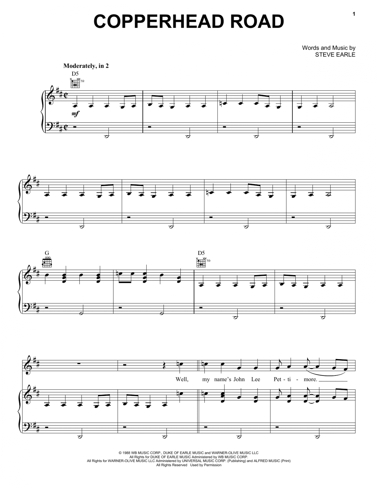 Copperhead Road (Piano, Vocal & Guitar Chords (Right-Hand Melody))