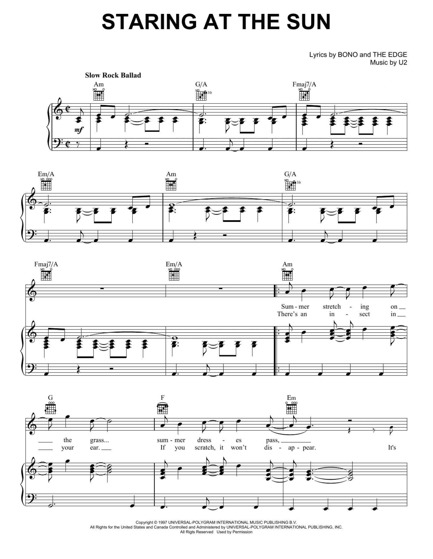 Staring At The Sun (Piano, Vocal & Guitar Chords (Right-Hand Melody))