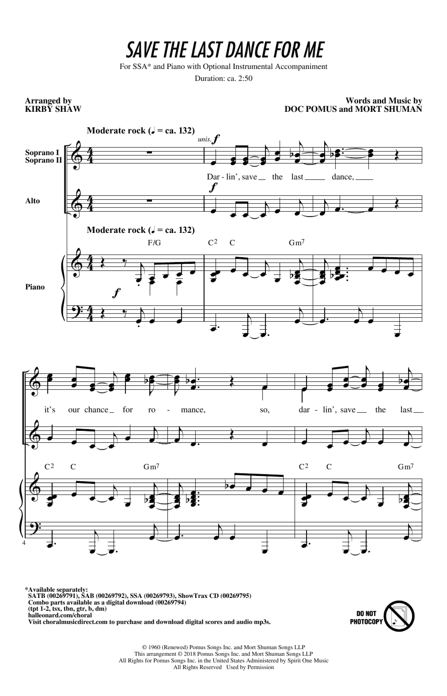 Save The Last Dance For Me (arr. Kirby Shaw) (SSA Choir)