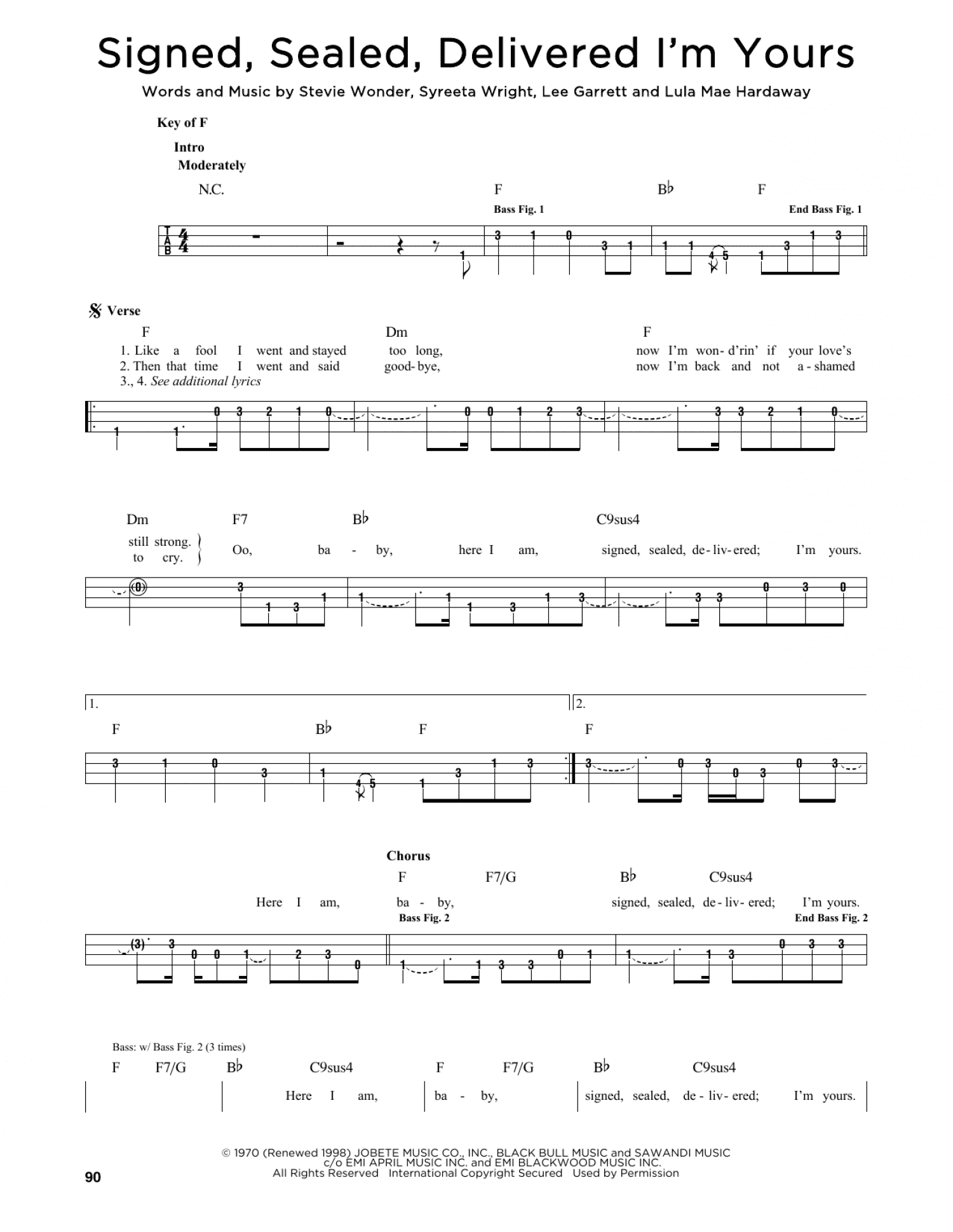 Signed, Sealed, Delivered I'm Yours (Easy Bass Tab)