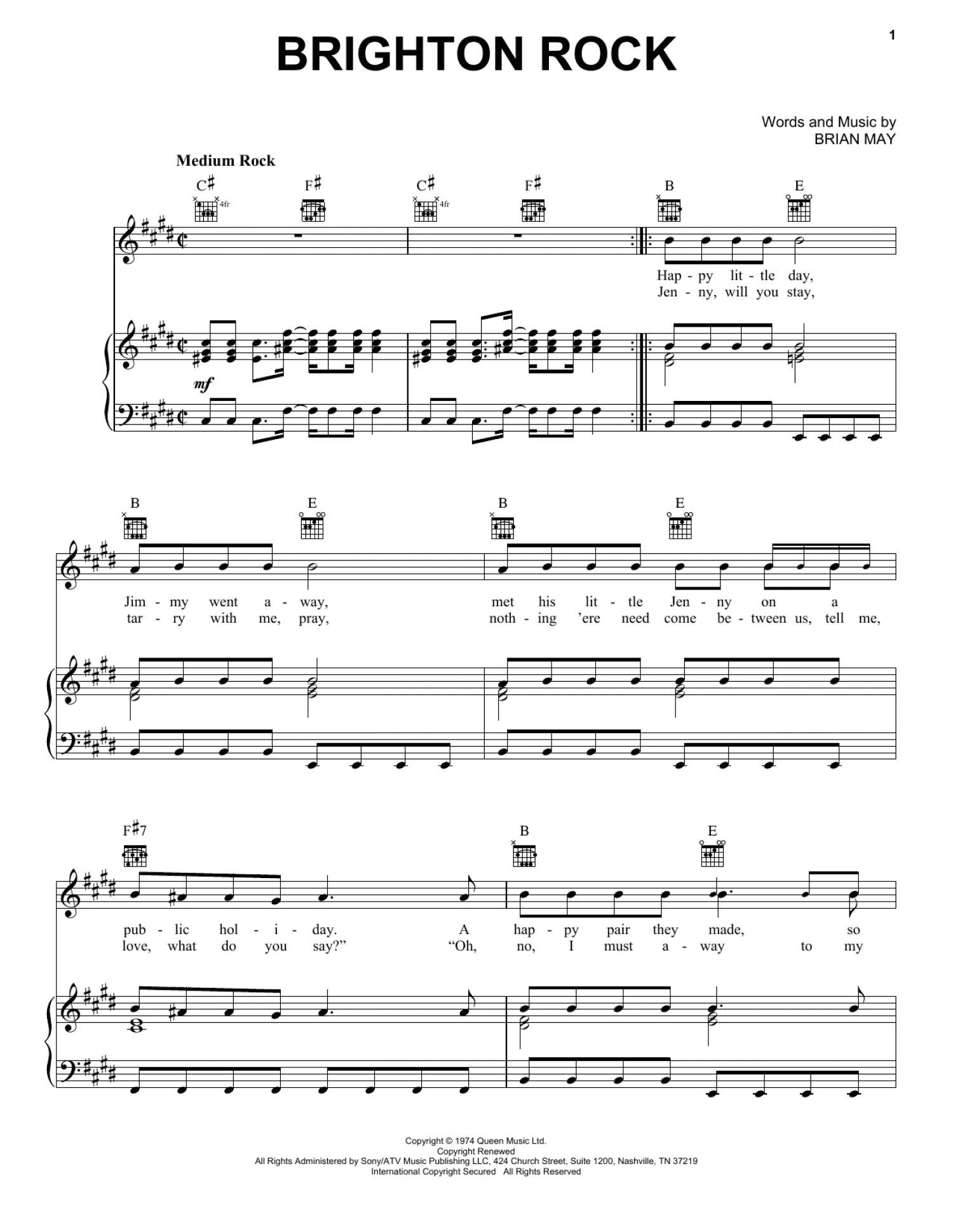 Brighton Rock (Piano, Vocal & Guitar Chords (Right-Hand Melody))