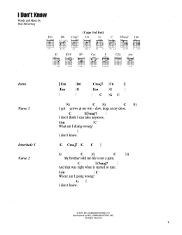 page one of I Don't Know (Guitar Chords/Lyrics)
