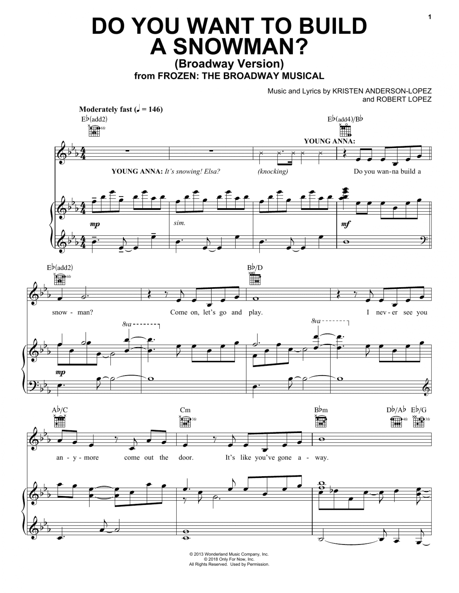 Do You Want To Build A Snowman? (from Frozen: The Broadway Musical) (Piano, Vocal & Guitar Chords (Right-Hand Melody))