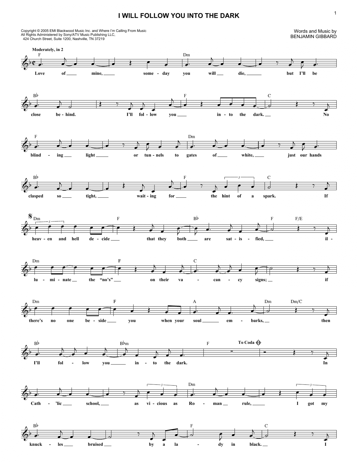I Will Follow You Into The Dark (Lead Sheet / Fake Book)