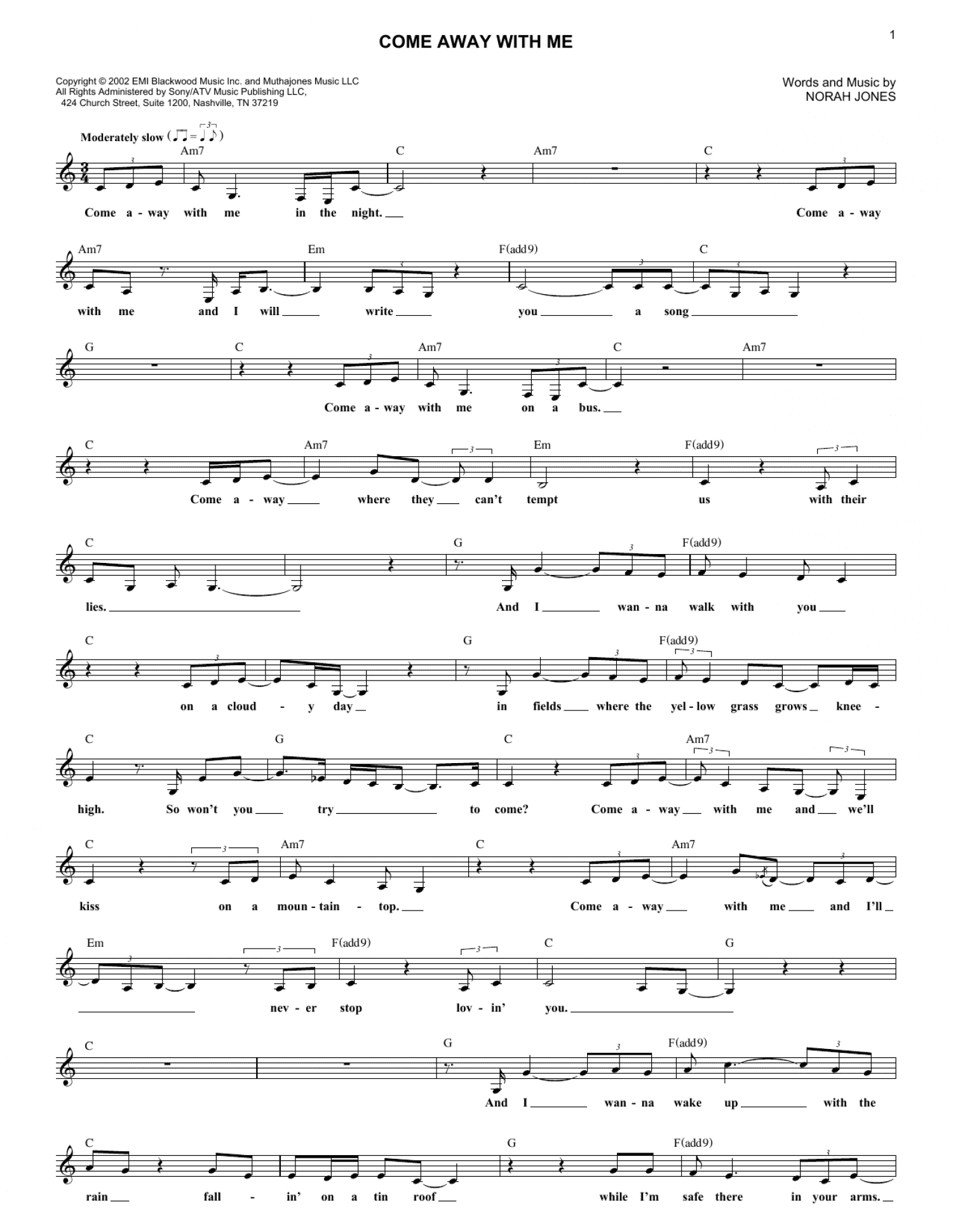 Come Away With Me (Lead Sheet / Fake Book)