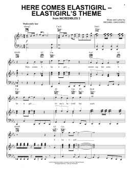 page one of Here Comes Elastigirl - Elastigirl's Theme (from Incredibles 2) (Piano, Vocal & Guitar Chords (Right-Hand Melody))