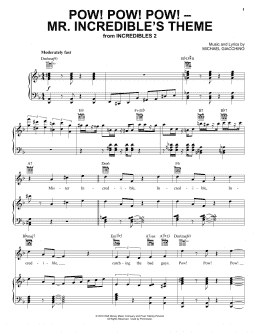 page one of Pow! Pow! Pow! - Mr. Incredibles Theme (from Incredibles 2) (Piano, Vocal & Guitar Chords (Right-Hand Melody))