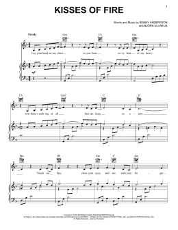 page one of Kisses Of Fire (from Mamma Mia! Here We Go Again) (Piano, Vocal & Guitar Chords (Right-Hand Melody))
