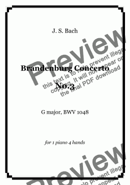 page one of J. S. Bach - Brandenburg Concerto No.3  G major, BWV 1048 - 1 piano 4 hands