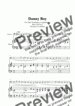 page one of Danny Boy for Solo Trombone/Euphonium in C (bass clef) and Piano. Version in A Minor