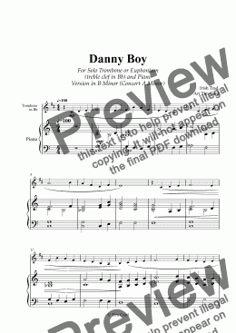 page one of Danny Boy for Solo Trombone/Euphonium in Bb (treble clef) and Piano. Version in B Minor (Concert A Minor)