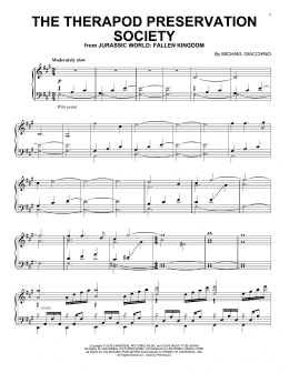 page one of The Theropod Preservation Society (from Jurassic World: Fallen Kingdom) (Piano Solo)
