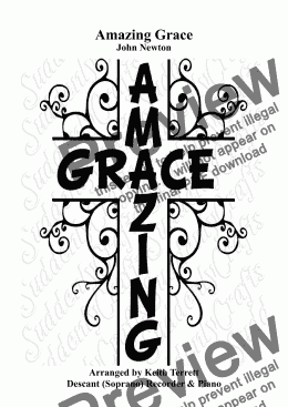 page one of Amazing Grace for Soprano (Descant) Recorder & Piano