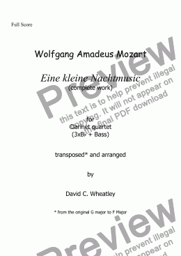 page one of Mozart - Eine kleine Nachtmusik - complete - for clarinet quartet (3xBb + Bass) transcribed by David Wheatley