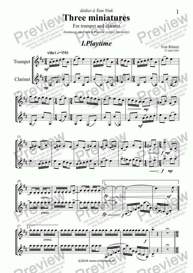 page one of Three Miniatures, for trumpet (in Bb) and clarinet
