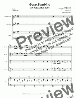 page one of Gesu Bambino (with "Tu Scendi Dalle Stelle") (for Saxophone Quartet & Piano)