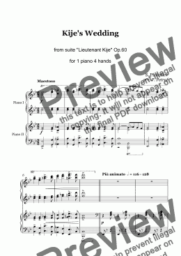 page one of Prokofiev - Kije's Wedding from ''Lieutenant Kije'' Op. 60 - 1 piano 4 hands