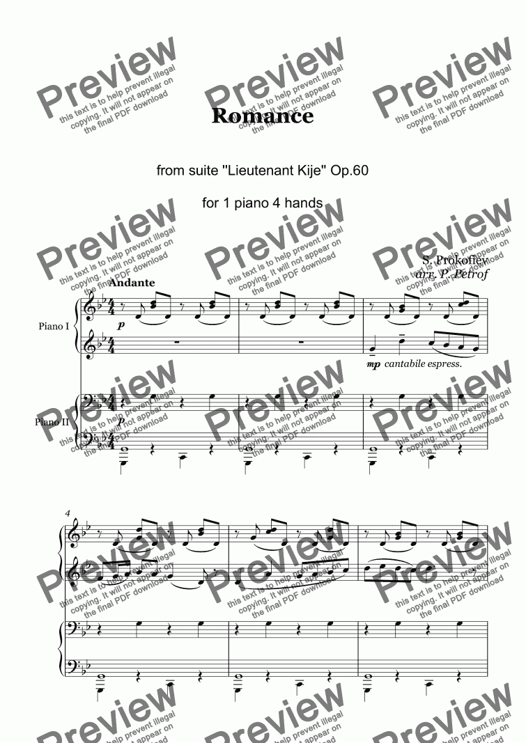 page one of Prokofiev - ROMANCE from ''Lieutenant Kije'' Op. 60 - 1 piano 4 hands