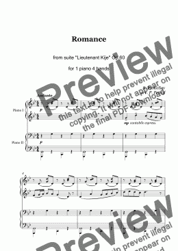page one of Prokofiev - ROMANCE from ''Lieutenant Kije'' Op. 60 - 1 piano 4 hands