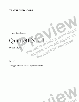page one of Beethoven String Quartet No. 1 (Mvt. 2) Transp. score