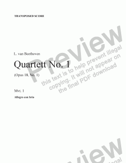 page one of Beethoven String Quartet No. 1 (Mvt. 1) Transp. score