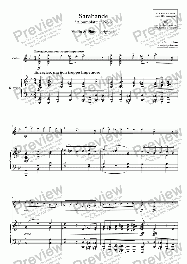 page one of Bohm, C. - Sarabande ("Albumblätter" No.3) - for Violin & Piano (orig.)