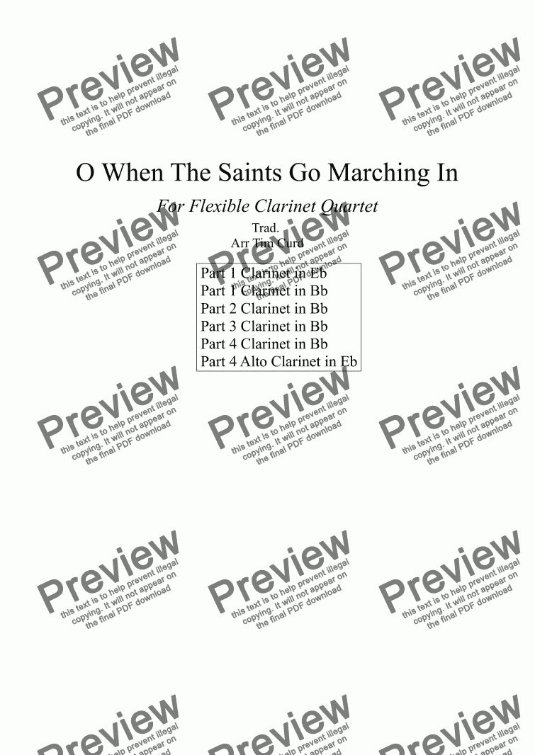 page one of O When The Saints Go Marching in. For Clarinet Quartet