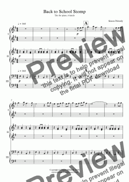 page one of Back to School Stomp, a trio for piano, 6 hands