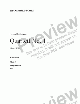 page one of Beethoven String Quartet No. 1 (Mvt. 3) Transp. score