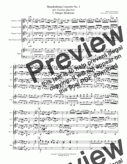 page one of Bach - Brandenburg Concerto No. 3 (for Clarinet Quartet & Optional Organ)