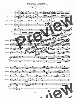 page one of Bach - Brandenburg Concerto No. 3 (for Saxophone Quartet SATB & Optional Organ)