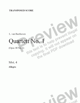 page one of Beethoven String Quartet No. 1 (Mvt. 4) Transp. score