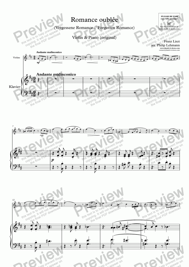 page one of Liszt, F. - Romance oubliee (Forgotten Romance) - for Violin & Piano (orig.) 