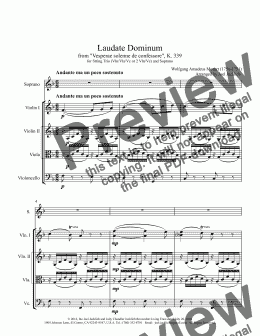 page one of Laudate Dominum, K. 339 for Solo Soprano and String Trio