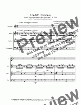 page one of Laudate Dominum, K. 339 for Solo Soprano, Flute, Violin, and Cello