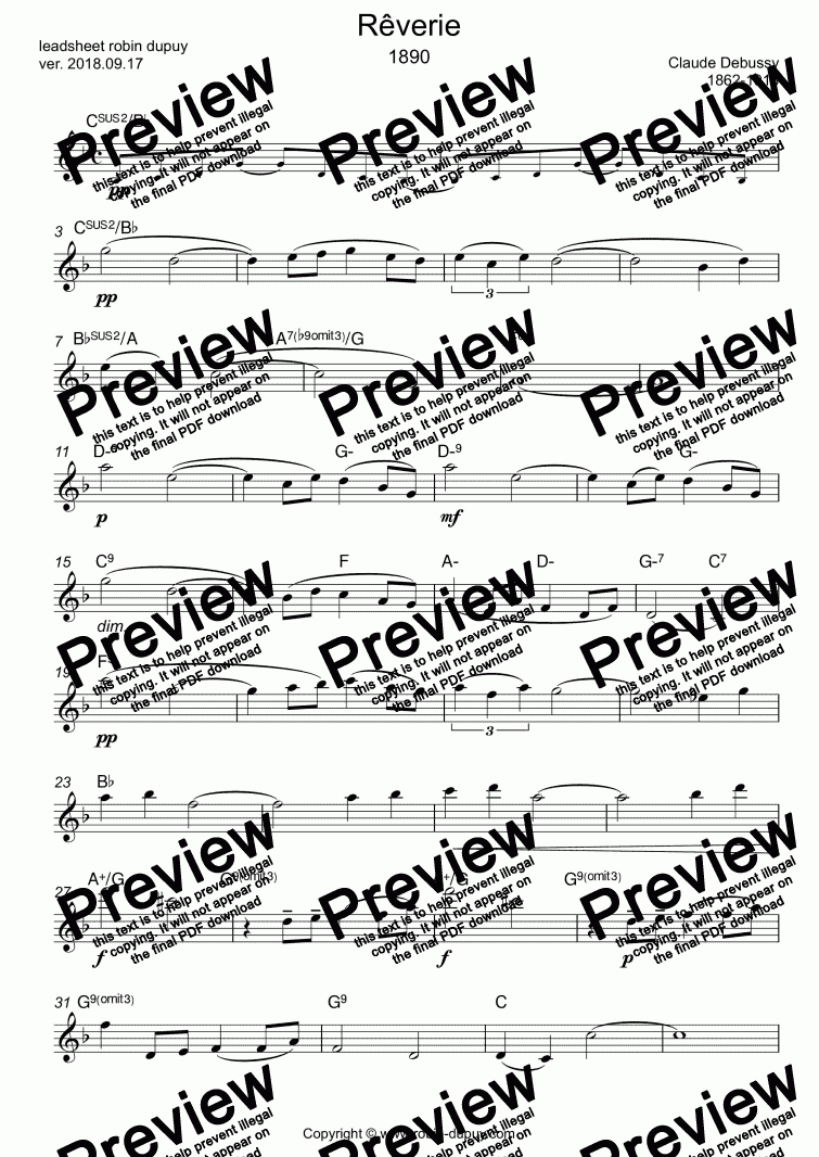 page one of Debussy - Rêverie - ドビュッシー - PDF - lead sheet Melody + chords