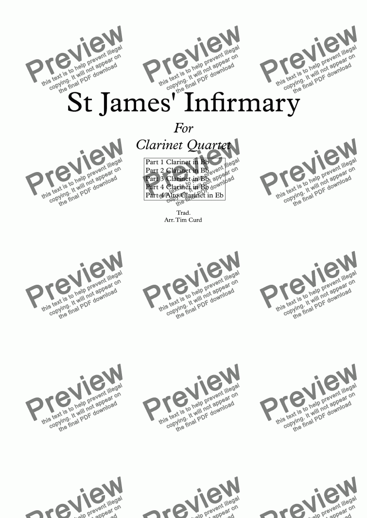 page one of St James' Infirmary. For Clarinet Quartet