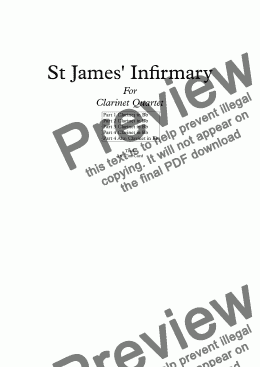page one of St James' Infirmary. For Clarinet Quartet