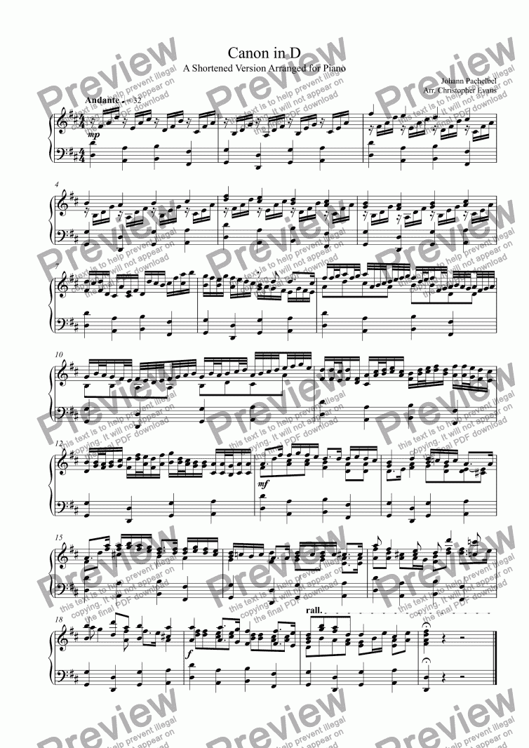 page one of Canon in D for Piano (Shortened Version for bridal procession)