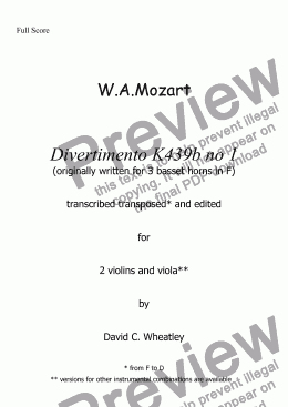 page one of Mozart - Divertimento K439b no 1 for 2 violins and viola transcribed by David Wheatley