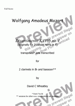 page one of Mozart - Divertimento K439b no 4 for 2 clarinets and bassoon transcribed by David Wheatley