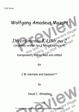 page one of Mozart - Divertimento K439b no 2 for 2 clars and bassoon transcribed by David Wheatley