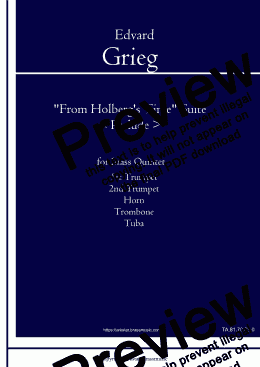 page one of Grieg: Perlude (1st Movement) of "From Holberg's Time" Suite" (Horberg Suite) Op.40 for Brass Quintet