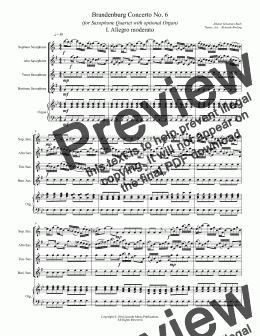page one of Bach - Brandenburg Concerto No. 6 (for Saxophone Quartet with optional Organ)